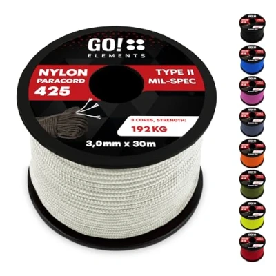 Abbildung von GO!elements 30m Paracord Seil aus reißfestem Nylon 3mm 425 Typ II max. 192kg Schnüre als Outdoor Seil, Allzweckseil, Survival Armband, Hundeleine, Nylonschnur, Farbe: Weiß