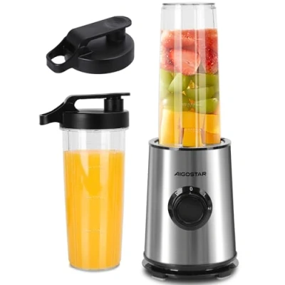 Abbildung von Aigostar Smoothie Maker, Mini Standmixer, 600W, 2 x 800ml Becher mit Reisedeckel, Geschwindigkeitsstufen + Impulsfunktion, Ice Crush Funktionmit,Tritan Kunststoff Flasche, BPA frei. Baron