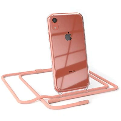 Abbildung von EAZY CASE kombinierbare Handyketten kompatibel mit iPhone XR, Transparente Silikon Hülle rundem Umhängeband, abnehmbar durch abschraubbare Endstücke, Band, Handykordel, Korall