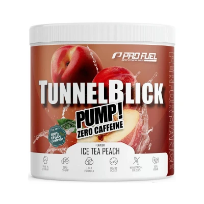 Abbildung von PUMP Booster3 ohne Koffein ICE TEA PEACH 440g TUNNELBLICK® Matrix mit Citrullin, Arginin, Taurin, Tyrosin und Pflanzenextrakten hochdosierter Pre Workout koffeinfrei 100% vegan
