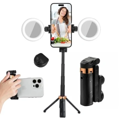 Abbildung von Handy Stativ Ständer, Mini 360 drehbar handyhalterung mit Abnehmbarer Fernbedienung, Bluetooth Erweiterbarer Selfie Stick 2 Fülllichtern für iPhone Samsung und Android Smartphones