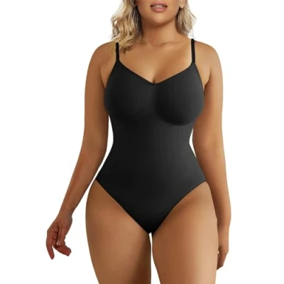 Abbildung von SHAPERX Bodysuit Figurenformend Damen Body Shaper Bauchweg Sculpting Shapewear Tanga Ganzkörper Formende Bodys Verstellbarer Schultergurt, UK SZ5215 Black S/M
