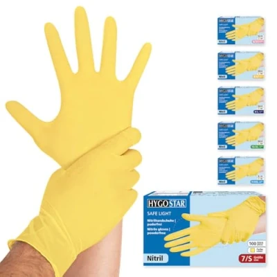 Abbildung von Franz Mensch Hygostar Nitrilhandschuhe Safe Light puderfrei, gelb, 7/S, 24cm, 100 Stück, Einweghandschuhe, Einmalhandschuhe, in Gr. XS, S, M, L, XL &amp; XXL verfügbar