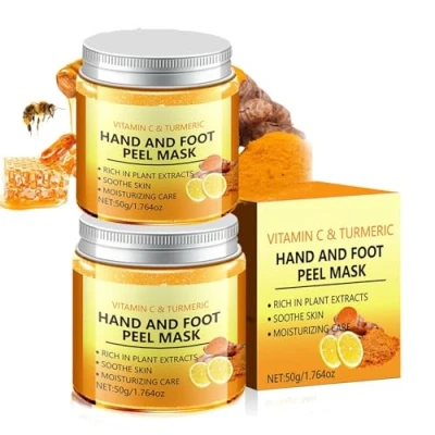 Abbildung von Kurkuma &amp; Vitamin C Hand und Fuß Peel Maske, feuchtigkeitsspendende Abzieh Handwachsmaske, pflegende Reparatur, glatte Handhaut für rissige, trockene, alternde Hände, Fußwachsmaske,