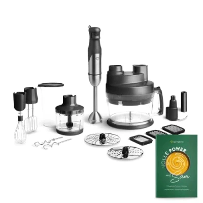 Abbildung von Springlane Stabmixer Set Sam aus Edelstahl inkl. Pürierstab, Behälter mit Deckel, 800,00 W, Zerkleinerer, Schneebesen, Rühr &amp; Knethaken Küchenmaschine