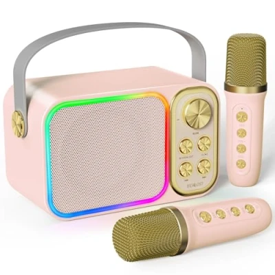 Abbildung von BESCOST LED Karaoke Maschine mit 2 Mikrofonen, Mini Anlage 7 Stimmeffekten, tragbare Bluetooth Lautsprecher für Kinder &amp; Erwachsene, Perfekt Partys und Familientreffen
