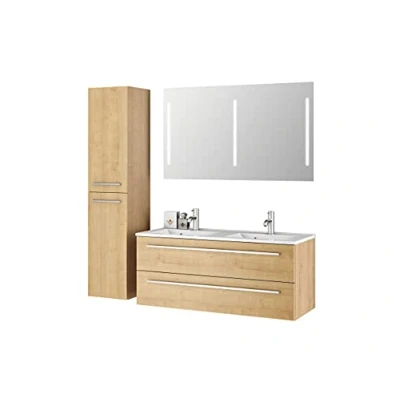 Abbildung von Sieper I Badmöbel Set Libato, Doppelwaschtisch mit Unterschrank 120 x 50 cm, Hochschrank und Badspiegel Eiche Natur