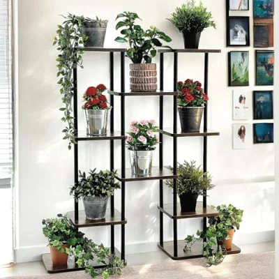 Abbildung von DanDiBo Blumenständer Wohnzimmer Metall Schwarz 6 Etagen Holz 96584 Blumenregal 100 cm, Blumentreppe Pflanzenständer Design Pflanzentreppe
