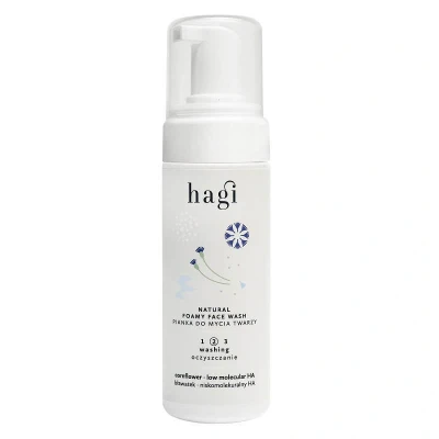 Abbildung von Hagi Natural Gesichtsreinigungsschaum mit Hyaluronsäure, Algen, Kornblumen und Betain, beruhigt spendet Feuchtigkeit, erhält das hydrolipidische Gleichgewicht, 150 ml