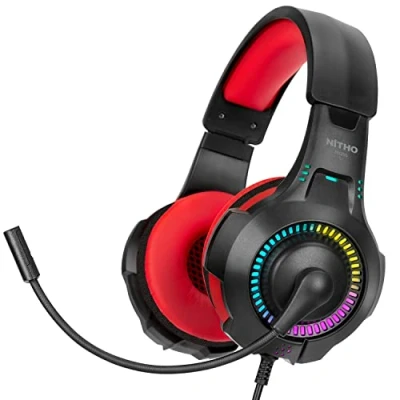 Abbildung von NITHO NX200 Gaming Headset für PC/PS4/PS5/Xbox/Mobile/Tablet, Stereo Surround Kopfhörer mit Hochklappbares Mikrofon, RGB Lichteffekt Rot