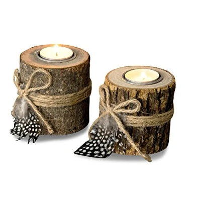 Abbildung von Levandeo® Teelichthalter, 2er Set Teelichthalter Holz je 8,5cm hoch Kerzenhalter Federn