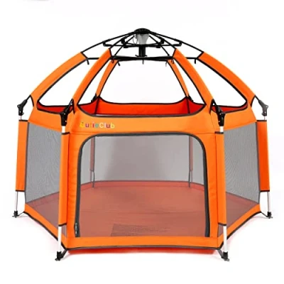Abbildung von Laufstall Baby Faltbar mit Matratze, CutieClub Laufgitter Babys Klappbar Pop up Laufstall, Großer 6 Eckig Playpen Sun Shade Reiselaufstall Tragetasche für Haus,Garten,Strand Outdoor (Orange)