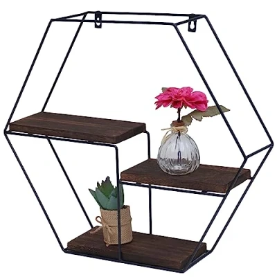 Abbildung von Mendler Wandregal HWC K76, Hängeregal Schweberegal Regal, 3 Regalböden Metall Massiv Holz Industrial 43x49x11cm Dunkelbraun