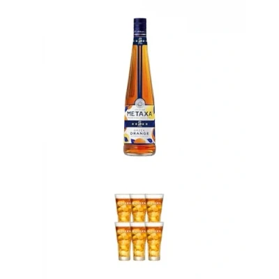 Abbildung von Metaxa Orange Weinbrand Brandy 38% 0,7 Liter + SPYROS mit Eichstrich 2cl und 4cl 6 x Gläser
