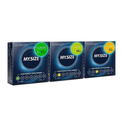 Abbildung von MY.SIZE Classic Kondome 3er Probierpackung I 47, 49, 53 mm Breite 3x3 Stück Premium extra dünn gefühlsecht hauchzart dünne 0,07 Wandstärke vegan
