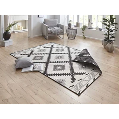 Abbildung von NORTHRUGS in und Outdoor Teppich Malibu 200x290cm Wendeteppich Wetterfest Modern Geometrisches Muster Läufer für Balkon Terrasse Garten Wintergarten Wohnzimmerteppich Wasserfest Schwarz Creme