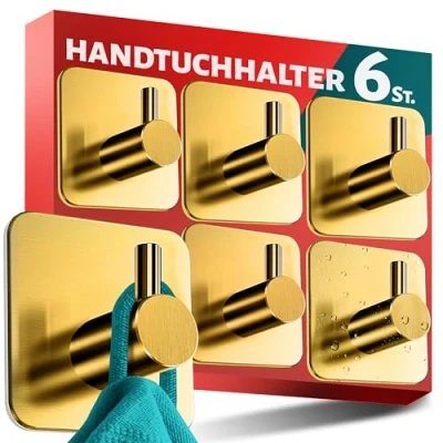 Abbildung von Menz Handtuchhalter ohne Bohren Edelstahl, 6er Set Goldene Badezimmer Handtuchhalter, wasserfeste Klebehaken fürs Bad, Haken selbstklebend als funktionale Handtuchhaken, stabil und rostfrei