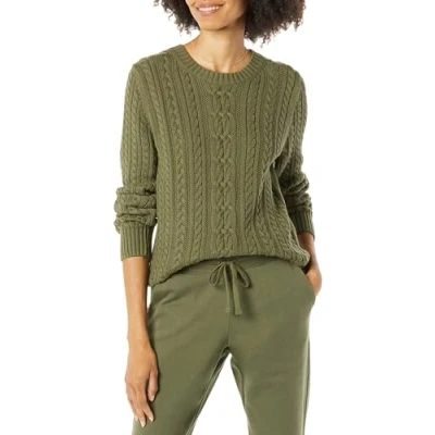 Abbildung von Amazon Essentials Damen Fisherman Cable Langarm Pullover mit Rundhalsausschnitt (in Übergröße erhältlich), Olivgrün, L