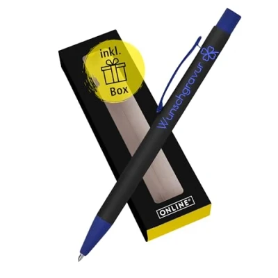 Abbildung von Online Personalisierter Kugelschreiber mit Gravur Soft Metal Black &amp; Blue in Geschenkbox I Softtouch Feeling auswechselbare Großraum Mine Schreibfarbe schwarz Aluminium persönliches Geschenk