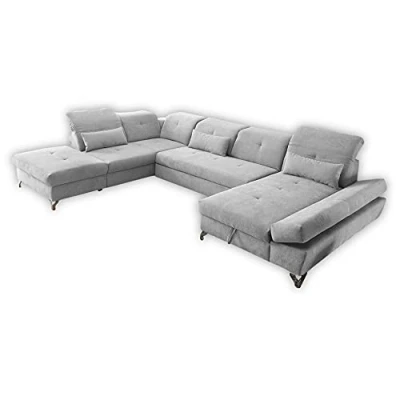 Abbildung von Stella Trading MELFI Wohnlandschaft in U Form, Stoffbezug Silber Ausziehbares Sofa mit Schlaffunktion &amp; Bettkasten 350 x 73 (96) 245 cm (B/H/T)