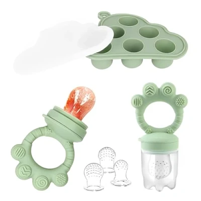 Abbildung von ORAGKE Fruchtsauger Baby, Silikon Obstschnuller mit 3 Sauger (G/M/K) BPA frei, Beißring für Obst Gemüse Brei Beikost, Babybrei Einfrieren Behälter Babynahrung Muttermilch, Zahnungshilfe (Grün)