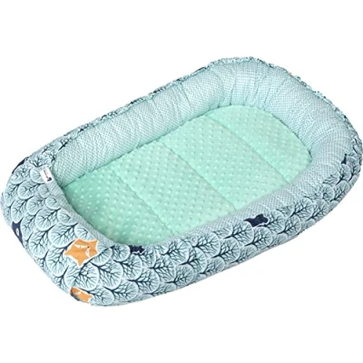 Abbildung von Medi Partners Babynest Kuschelnest Babynestchen 100% Baumwolle Nestchen Reisebett für Babys Säuglinge 100x60x15cm herausnehmbarer Einsatz (Wald mit minzer Minky)