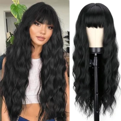 Abbildung von YEESHEDO Damen Perücke Lang Lockige Schwarz Perücken für Frauen mit Pony, Natürlich Lange Locken Black Wig, Anime Cosplay Halloween Wigs 28 Zoll (Schwarz)