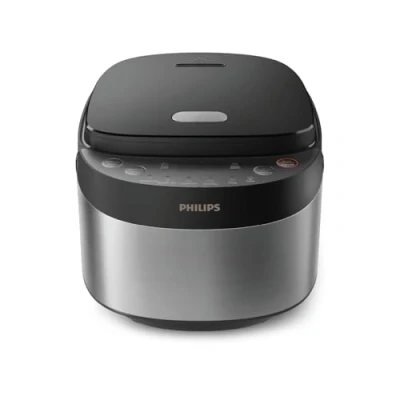 Abbildung von Philips Multi Reiskocher 3000 Serie 0,85 l, 8 Kochfunktionen, 4 lagiger Antihaft Topf, 30 Minuten Schnellkochmodus, Fuzzy Logik, Schwarz Silber Design (HD3093/80)