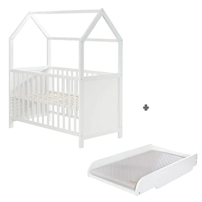 Abbildung von Kinderbett, Hausbett 60 x 120 cm, FSC zertifiziert, weiss, 6 fach verstellbar, als Baby &amp; Beistellbett komplett mit Wickelplatte