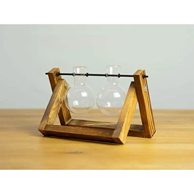 Abbildung von Good Connections Stylische Deko Blumenvase Rundkolben geflämmter Holzrahmen mit zwei mundgeblasenen, kristallklaren Glaskolben ZUB 7004