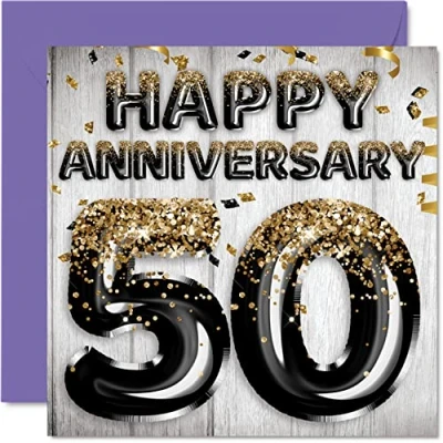 Abbildung von Tolle goldene Jahrestagskarte für Ehemann Freund Ehefrau Freundin Schwarz Gold Glitzer Luftballons Happy 50th Anniversary Cards from Family 145 mm Grußkarten fünfzigsten Jubiläen