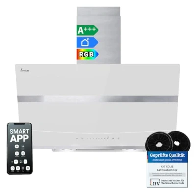 Abbildung von KKT KOLBE A+++ Dunstabzugshaube 80 cm 782 cbm/h Kopffreie Wandhaube Edelstahl weißes Glas WLAN RGBW LED Beleuchtung SensorTouch Bedienung HERMES8005WM
