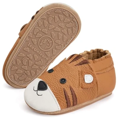 Abbildung von IceUnicorn Krabbelschuhe Baby Lauflernschuhe Weicher Leder Jungen Mädchen Lederschuhe Babys Rutschfeste mit Gummisohle Babyschuhe(Braun weiß Tiger, 12 18 Monate)