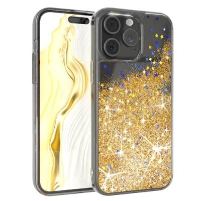 Abbildung von EAZY Case Glitzer Hülle kompatibel mit iPhone 15 Pro Max Handyhülle für Silikon leichtes Shiny Cover stoßfestes Phone als Fallschutz in Klar Transparent/Gold