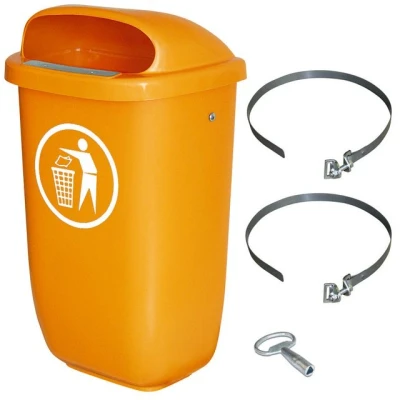 Abbildung von BRB Lagertechnik Mülleimer Abfall Behälter Komplettset mit Schellenband, Inhalt 50 Liter, Behälter, robust, wetterfest und UV stabilisiert