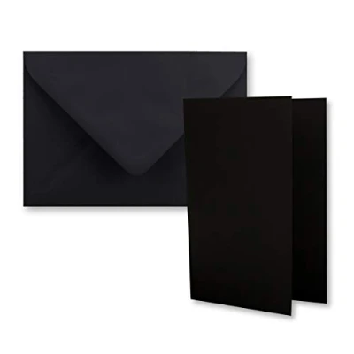 Abbildung von 50x DIN B6 Faltkarten Set mit Umschlägen in Schwarz 120 x 170 mm ideal für Einladungskarten, Hochzeit, Taufe, Kommunion, Konfirmation Marke: FarbenFroh
