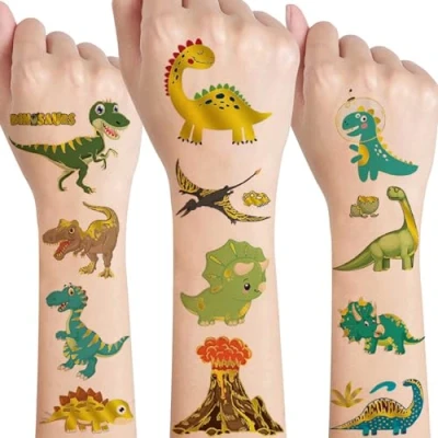 Abbildung von Tattoo Kinder 8 Blätter, Dinosaurier Tattoos,Glitzer Temporäre Dino Tattoos Sticker Set,Wasserdichte Kindertattoos Aufkleber für Jungs Spielen Kindergeburtstag Party Mitgebsel