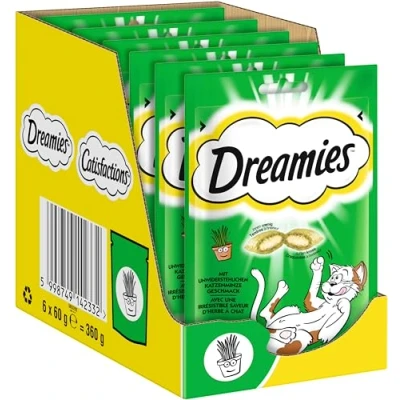 Abbildung von DREAMIES Katzensnacks 6x60g mit Katzenminze Traumhaft knusprige Katzen Leckerlies zarter Füllung