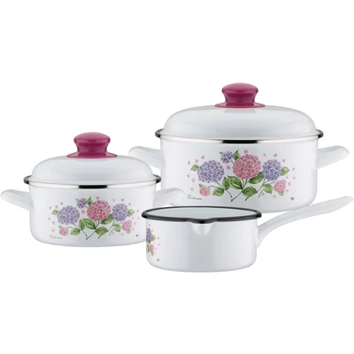 Abbildung von GSW Topf Set &quot;Hortensie&quot;, Stahl Emaille, (Set, 5 tlg., 1x Kochtopf Ø 16 cm, 20 Stielkasserolle cm), Induktion