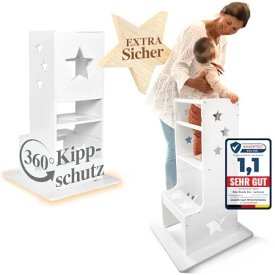 Abbildung von Kids Woody Star® Lernturm ab 1 Jahr [360 KIPPSCHUTZ] Höhenverstellbar Learning Tower Montessori Tritthocker Kinder Schemel Lernstuhl Lerntower Weiß