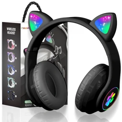 Abbildung von Kabellose Bluetooth Kopfhörer für Kinder,Faltbare Mädchen Over Ear,LED Niedliche Katzenohren faltbar,Bluetooth 5.0 Tablet/Handy/PC (Schwarz2)