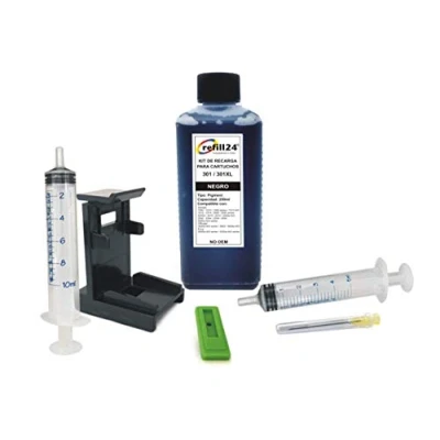 Abbildung von refill24 Nachfüllset: Nachfülltinte 250 ml kompatibel für Druckerpatronen HP 301, 301 XL Schwarz/Multipack + Zubehör Anleitung, Refillset mit Druckertinte DeskJet OfficeJet Envy
