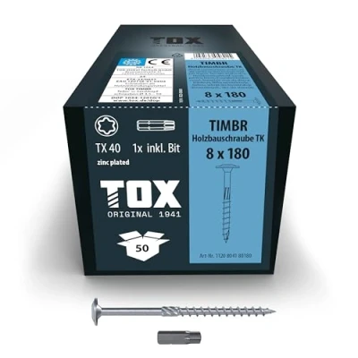 Abbildung von TOX Holzbauschrauben TIMBR TK 8,0 x 180 mm, blau verzinkt mit Tellerkopf, TX40, Schrauben für leichtes Eindrehen und hohe Tragfähigkeit im Holzbau, 50 Stück Karton, inkl. 1x Bit, 1120804180180