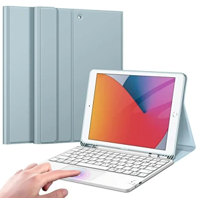 Abbildung von Fintie Tastatur Hülle für iPad (9. / 8. und 7. Generation 2021/2020/2019), 10.2 mit Tastatur, Deutscher Touchpad Magnetisch Abnehmbarer Keyboard, Eisblau