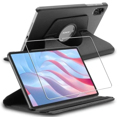 Abbildung von ebestStar Hülle für Honor Pad X9, Drehbar Schutzhülle, PU Lederhülle, Rotierende Ständer Etui, Rotating Case Cover, Schwarz + Panzer Schutz Glas