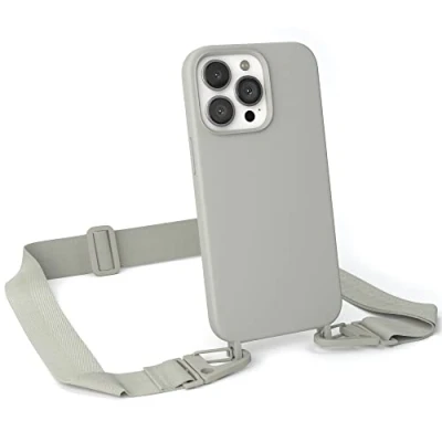Abbildung von EAZY CASE Handykette Silikon mit Karabiner kompatibel iPhone 13 Pro Handyhülle breitem Umhängeband, Handykordel Silikon, Hülle Band, Kette für Smartphone, Taupe Clips