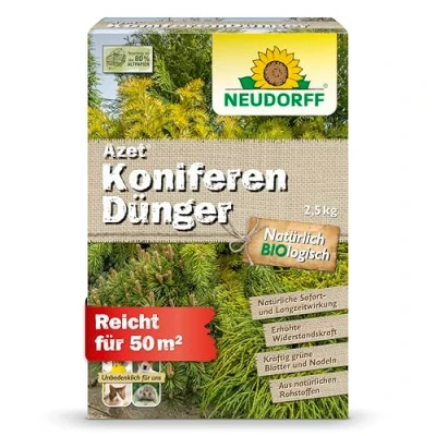 Abbildung von Neudorff Azet Koniferendünger Bio mit viel Eisen sorgt für kräftig grüne Blätter und Nadeln Sofort &amp; Langzeitwirkung, 2,5 kg, bunt, braun