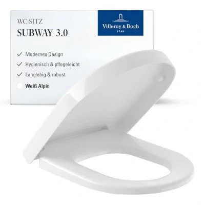 Abbildung von Villeroy &amp; Boch WC Sitz Subway Toilettendeckel Weiß glänzend aus Duroplast Toilettensitz mit stabilen Edelstahl Scharnieren Bruchsicherer Klodeckel D Form Original Ersatzteil Deckel