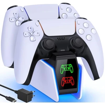 Abbildung von GAMSINGY PS5 Controller Ladestation mit EU Netzteil, für Dualsense Wireless/Edge Controller, Playstation 5 2Std Schnelllade/Cooles RGB Licht