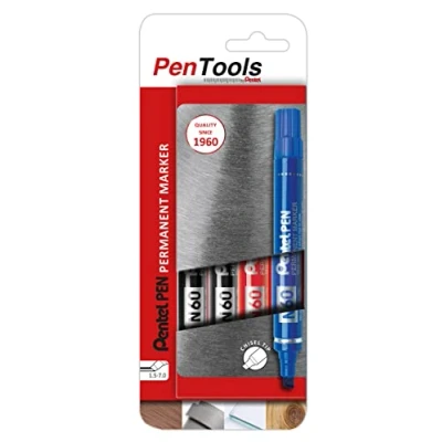 Abbildung von PenTools by Pentel N60 Permanent Marker, robuste Keilspitze (1,5 7,0 mm Strich) für permanente Markierungen, 4 Stück farblich sortiert